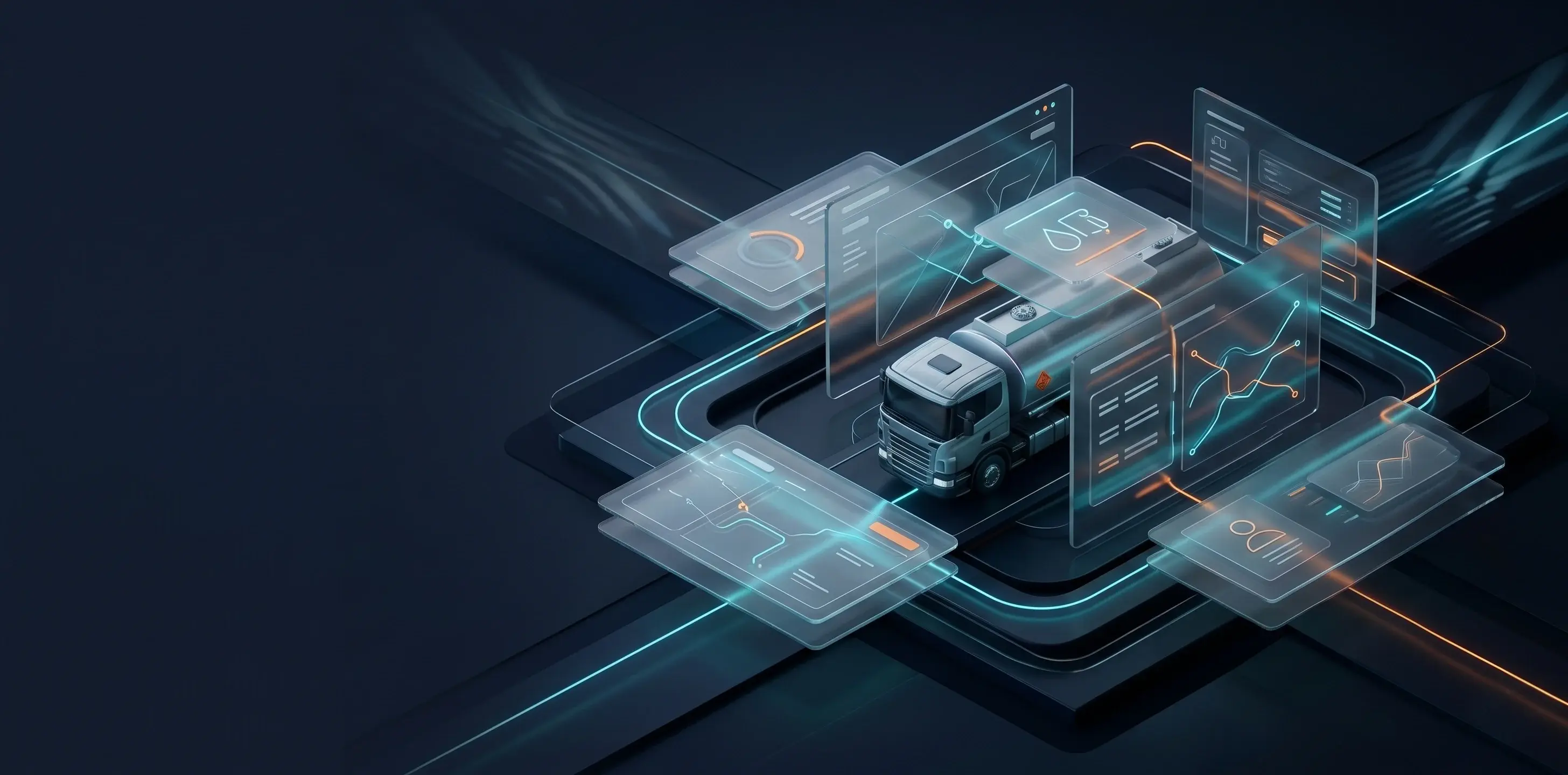 Abstract digital fuel operations blueprint showing a bowser moving through structured workflow layers.