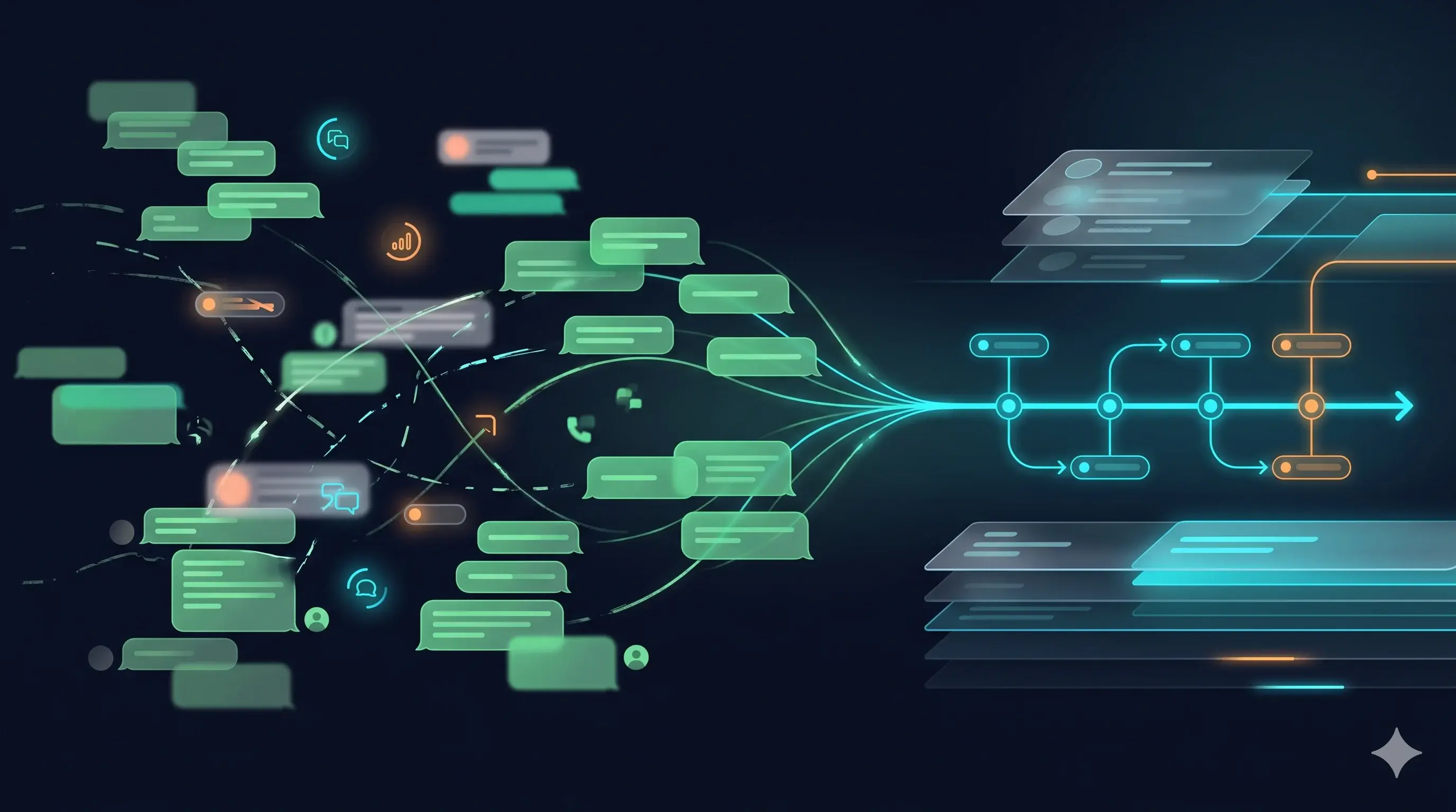 Abstract transition from scattered message bubbles to a structured fuel workflow timeline.