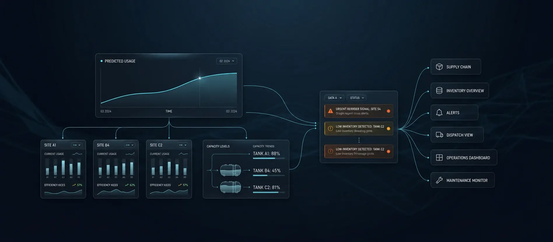 Fuel Center B2B intelligent fuel telemetry mockup showing tank level alerts and AI usage analysis