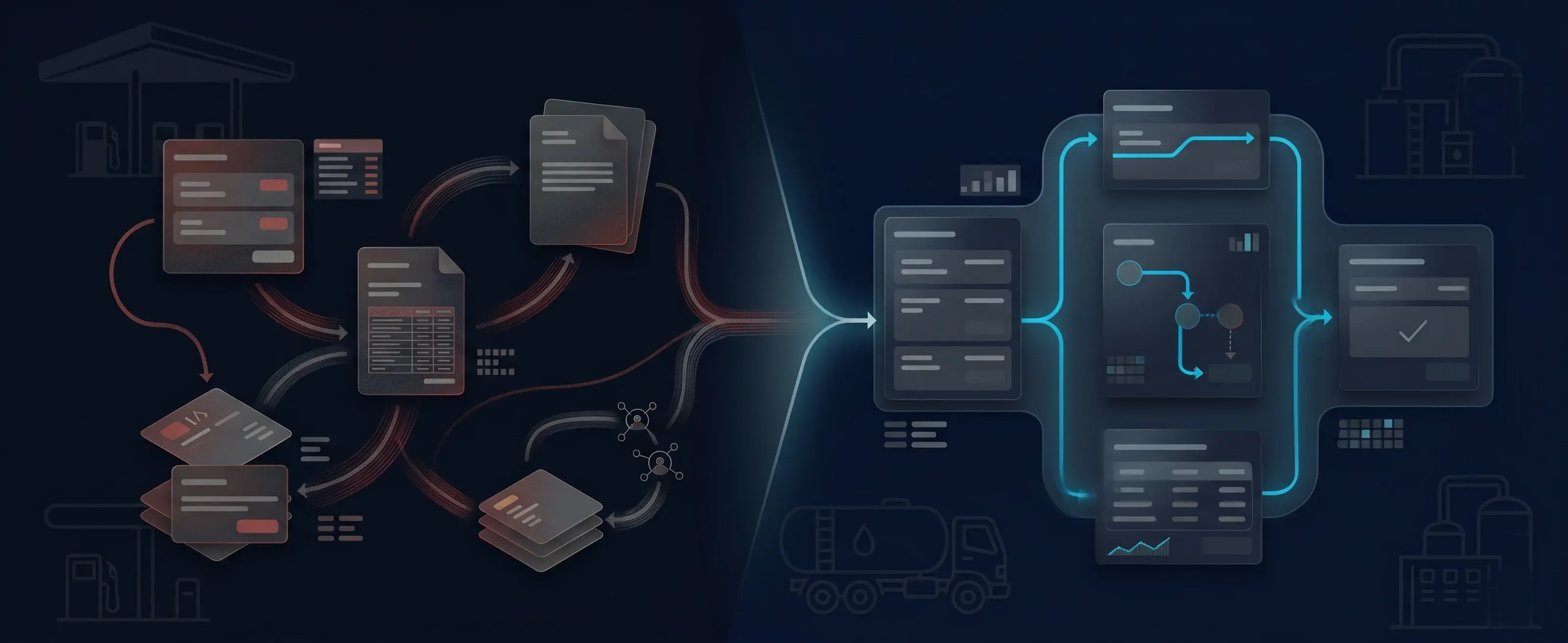 Comparison showing manual WhatsApp operations vs. structured digital B2B fuel workflows